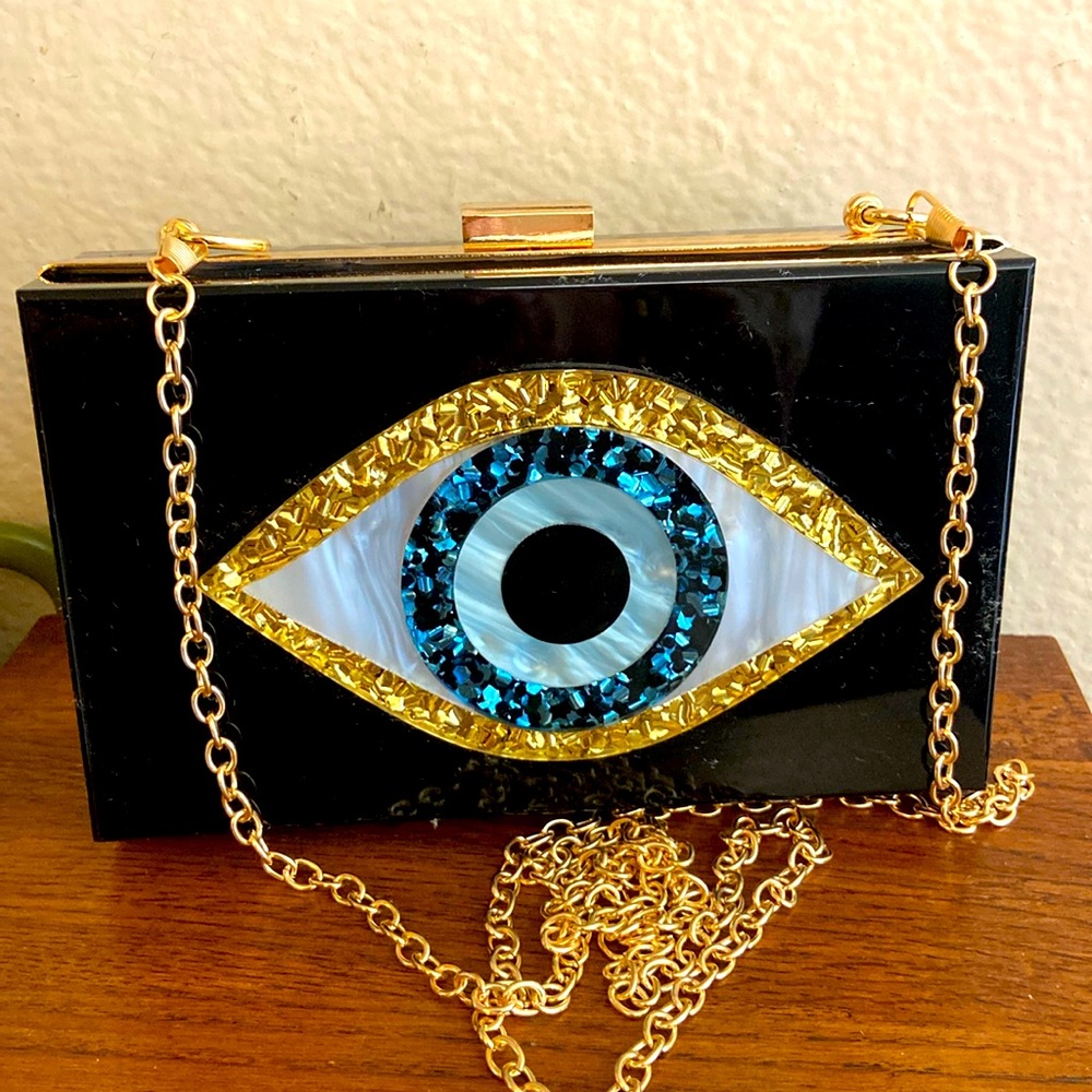 NEW Black Evil Eye Hardcase Bag with Gold Toned Chain